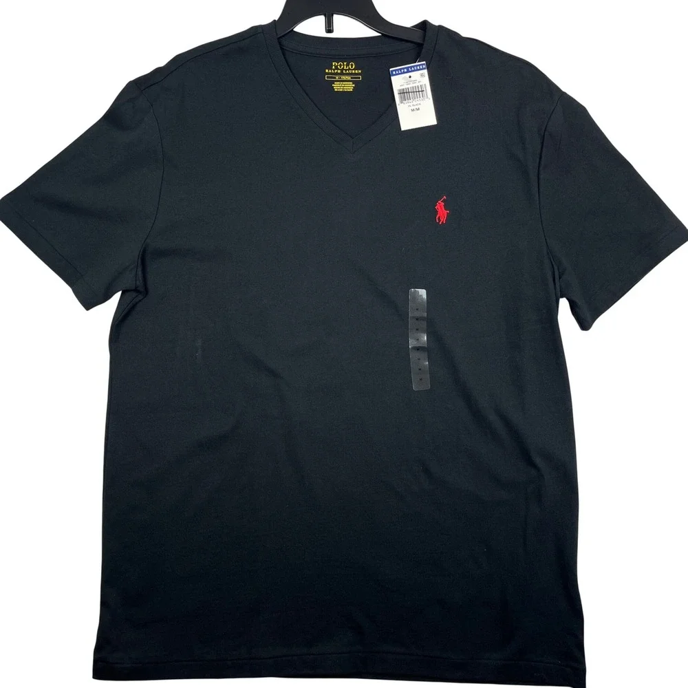 Polo Ralph Lauren Mens V-Neck T-Shirt Black Red Pony Logo Size Medium NWOT